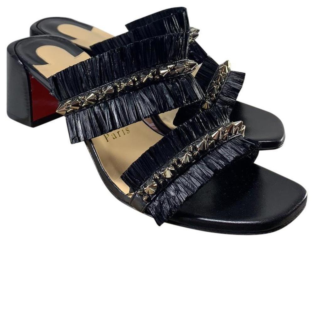 Marivodou 55mm Black Raffia Spike Fringe Mules Sandals D626